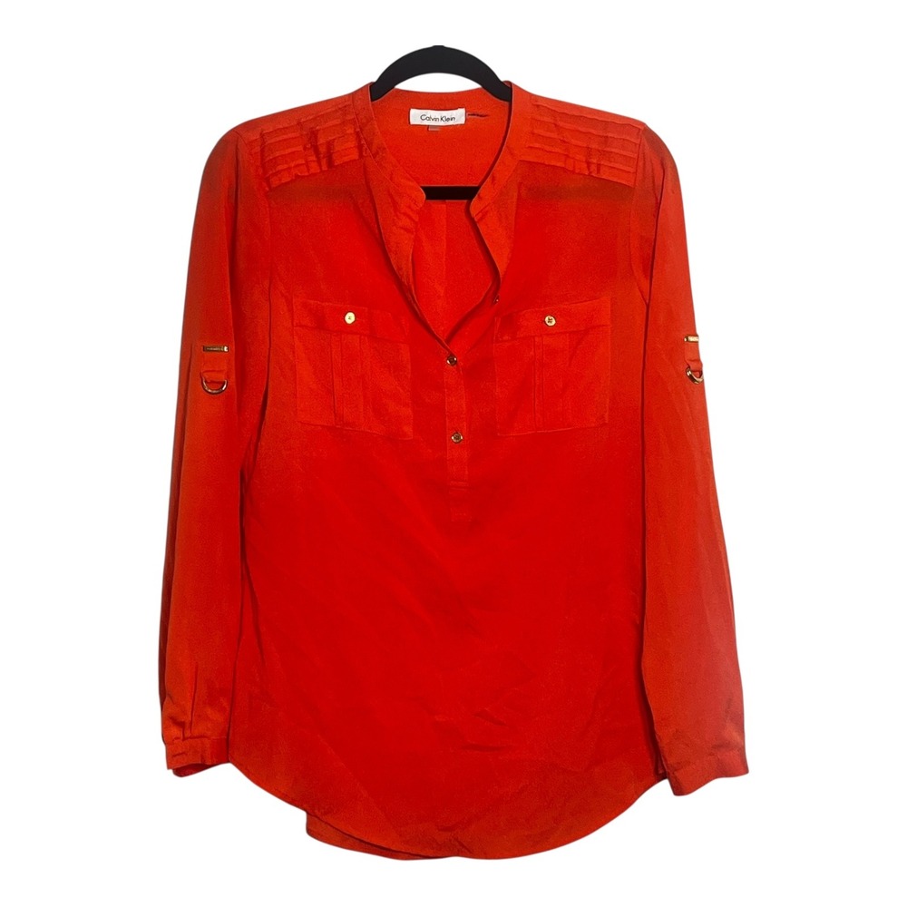 Calvin Klein Womens Light Orange Roll Tab Sleeve Utility Blouse XS Gold Hardware